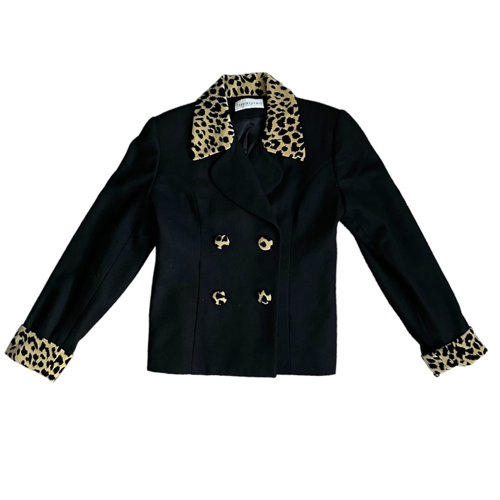 Vintage Bloomingdales Double Breasted Blazer Wool Leopard Animal Print Size 4